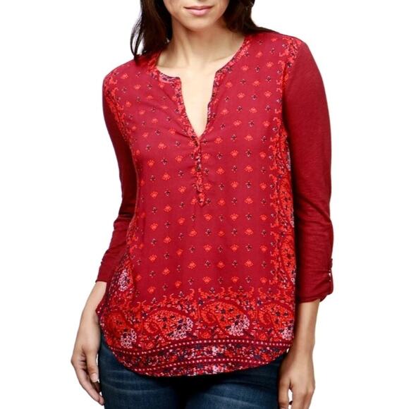 Lucky Brand Tops - Lucky Brand Round Neck Roll-Tab Sleeve Tunic Paisley Print Floral Blouse Red Lg